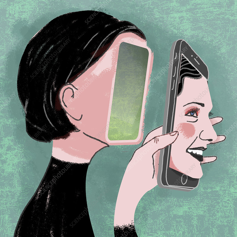 Woman with her face detached from her body and on the phone that she is holding. 